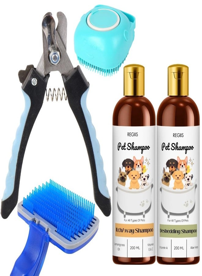 REGIIS Pet Grooming Kit with Shampoo Set, Professional Dog Brush, Nail Clipper, Deshedding Tool, 200ml Itch Away and Deshedding Formula(Pack of 5) - Image 1
